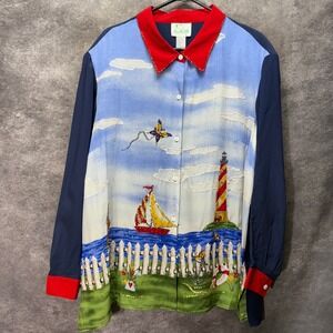 The Quacker Factory Silk Sailboat Lighthouse Sequin Shirt Size 2X Art to Wear